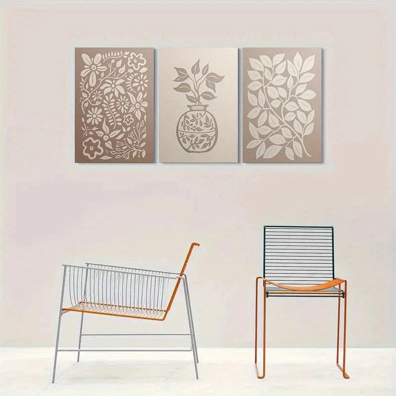 3pcs Abstract Floral Beige White Metal Print Ready to Hang Art - Bella Home Decor