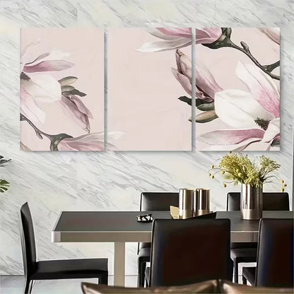 3pcs Light Pink Magnolia Blossom Metal Print Ready to Hang Art
