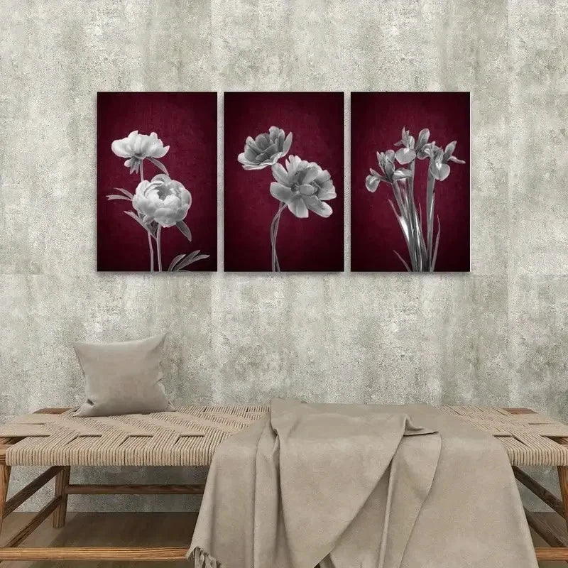 3pcs Burgundy Black And White Floral Metal Print Ready to Hang Art - Bella Home Decor