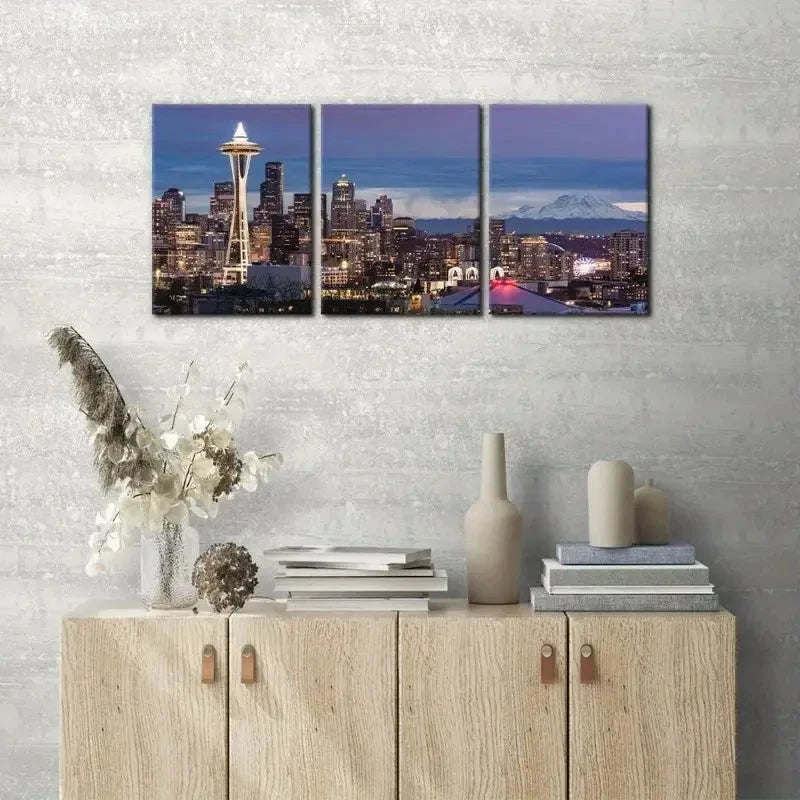 3pcs City Seattle Skyline at Sunset Metal Print Ready to Hang Art