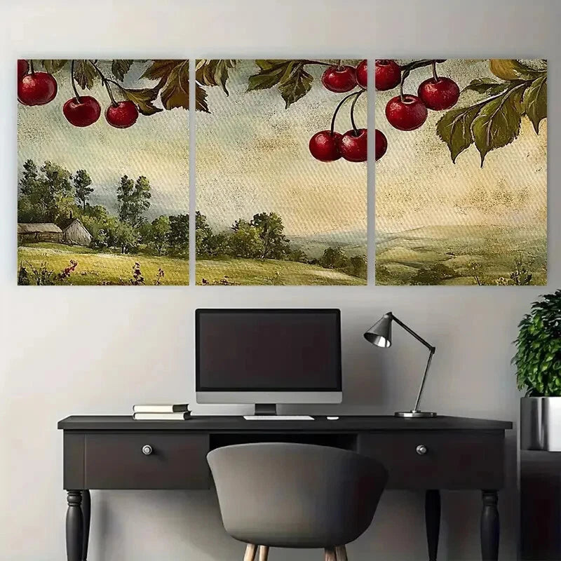 3pcs Cherries Rustic Landscape Farmhouse Metal Print Ready to Hang Art - Bella Home Decor