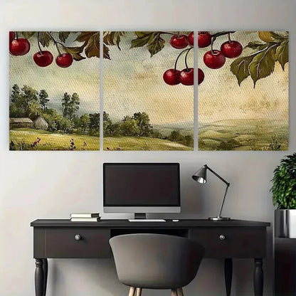 3pcs Cherries Rustic Landscape Farmhouse Metal Print Ready to Hang Art - Bella Home Decor