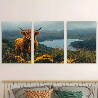3pcs Rustic Highland Cow Canvas Scottish  Wall Art Set Canvas Framed 40x60cm - High Quality Print 100% Australian Made Wall Canvas Ready to Hang
