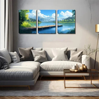 3pcs Serene Lake with Wooden Trestle Perfect Wall Art Set Canvas Framed 60x90cm - High Quality Print 100% Australian Made Wall Canvas Ready to Hang - Bella Home Decor