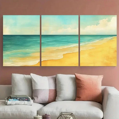 3pcs Muted Turquoise and Naples Yellow Beach Wall Art Set Canvas Framed 50x70cm - High Quality Print 100% Australian Made Wall Canvas Ready to Hang