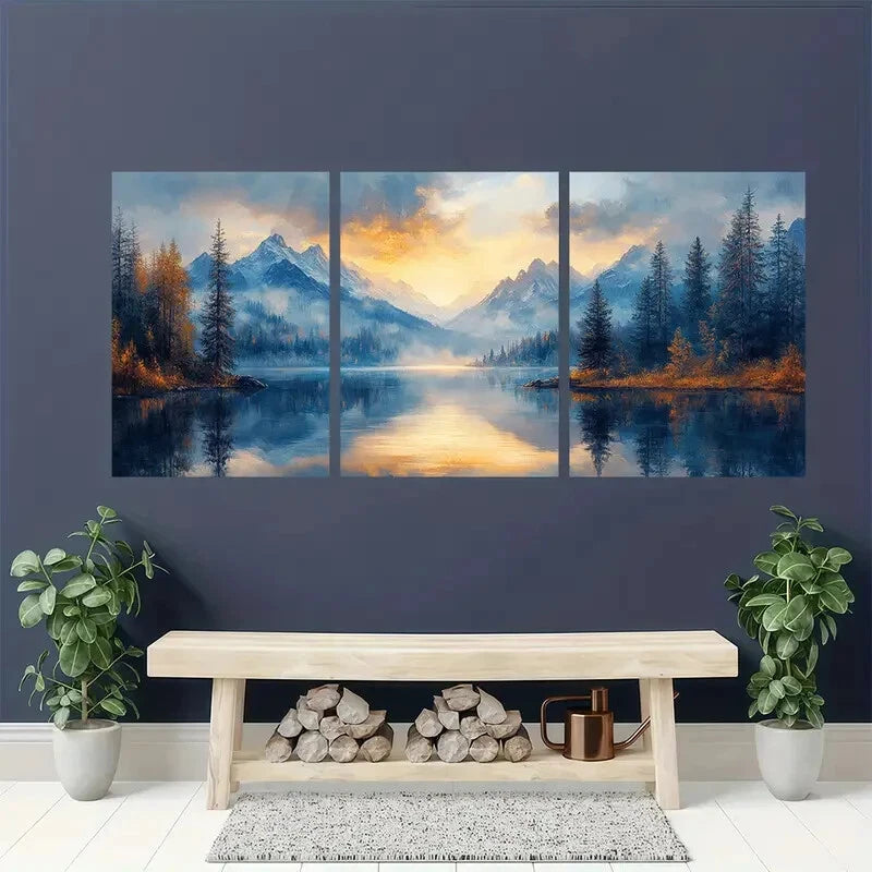 3pcs Serene Alpine Lake Earthy Tones & Sapphire Metal Print Ready to Hang Art