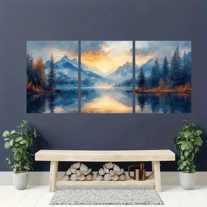 3pcs Serene Alpine Lake Earthy Tones & Sapphire Metal Print Ready to Hang Art