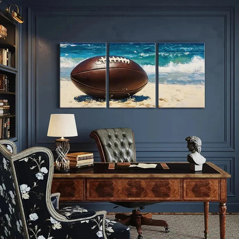 3pcs Ocean Waves Football Art Rugby Sports Theme Metal Print Ready to Hang Art - Bella Home Decor