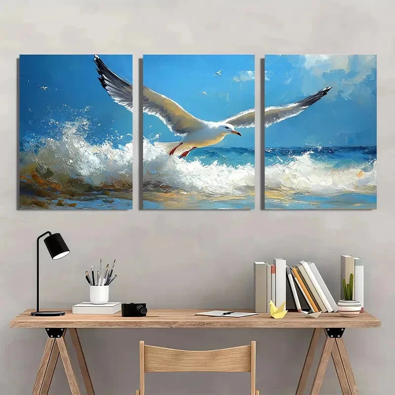 3pcs Modern Seagull Beach Ocean Theme Metal Print Ready to Hang Art - Bella Home Decor