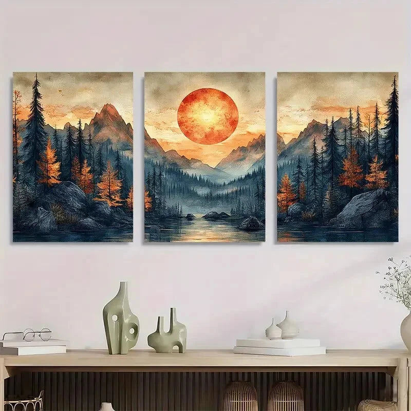 3pcs Abstract Sun Mountain Forest Nature Metal Print Ready to Hang Art - Bella Home Decor