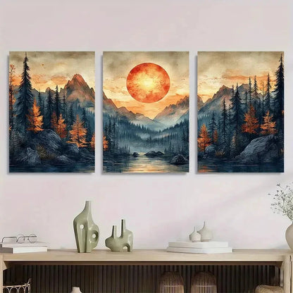 3pcs Abstract Sun Mountain Forest Nature Metal Print Ready to Hang Art - Bella Home Decor