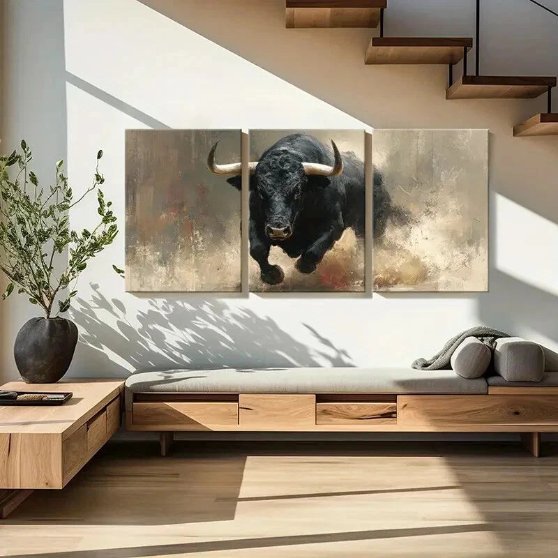 3pcs Artistic Bull Painting Abstract Expressionism Metal Print Ready to Hang Art - Bella Home Decor