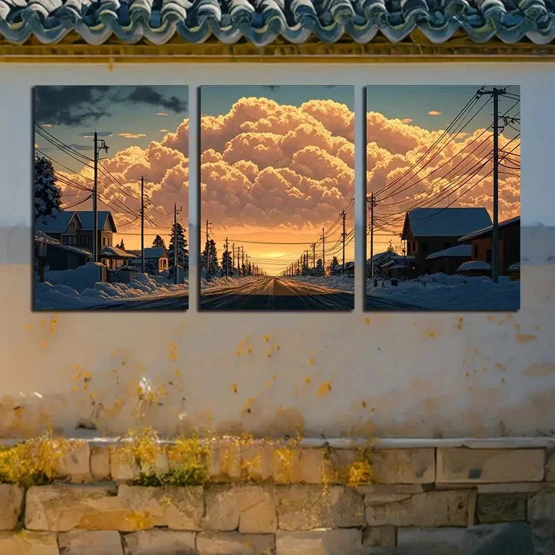 3pcs Scenic Village Winter Sunset Landscape Metal Print Ready to Hang Art - Bella Home Decor