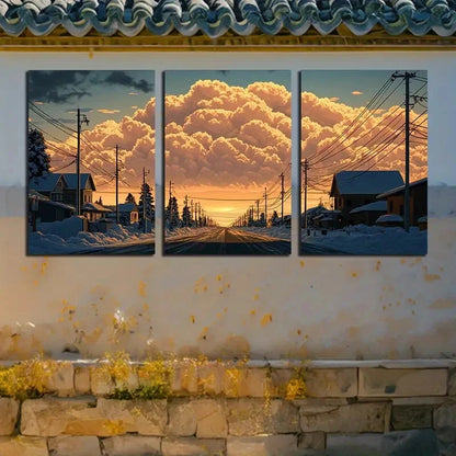 3pcs Scenic Village Winter Sunset Landscape Metal Print Ready to Hang Art - Bella Home Decor