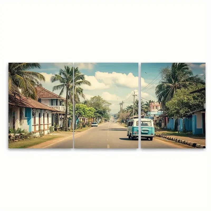 3pcs Jaffna Street Kombi Van Sri Lanka Art Wall Art Set Canvas Framed 50x70cm - High Quality Print 100% Australian Made Wall Canvas Ready to Hang