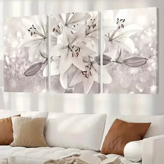 3pcs White Lily Flower Wall Art Set Canvas Framed 50x70cm - High Quality Print 100% Australian Made Wall Canvas Ready to Hang