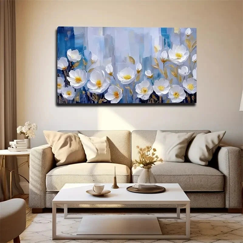 Many White Flowers And Yellow Wall Art Canvas Office Home Room Framed 120x60cm - Bella Home Decor