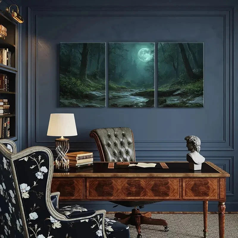 3pcs Moonlit Forest Stream Mystical Night Scene Metal Print Ready to Hang Art - Bella Home Decor