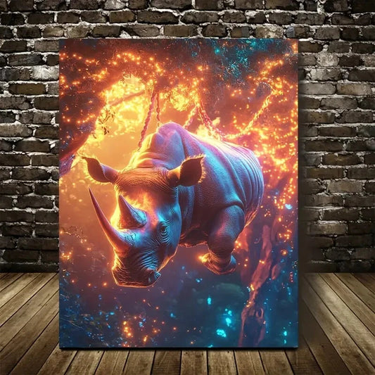 Surreal Rhino Swing Vibrant Sunlit Savannah Painting 40x60cm Metal Print Ready to Hang