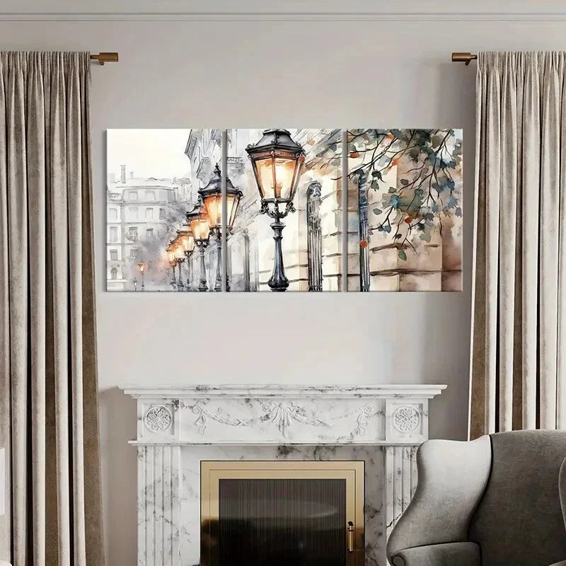 3pcs Street Lamps Watercolor Style Art Metal Print Ready to Hang Art - Bella Home Decor