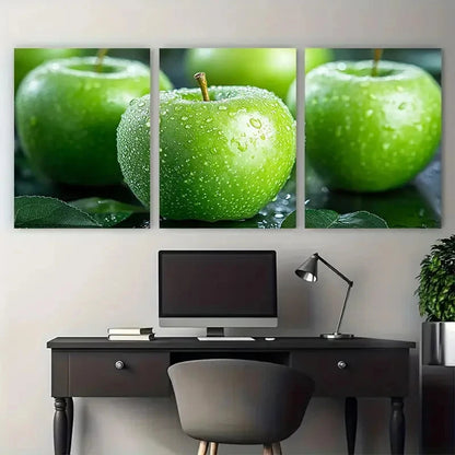 3pcs Green Apple Fruits Still Life Illustration Wall Art Set Canvas Framed 50x70cm - High Quality Print 100% Australian Made Wall Canvas Ready to Hang
