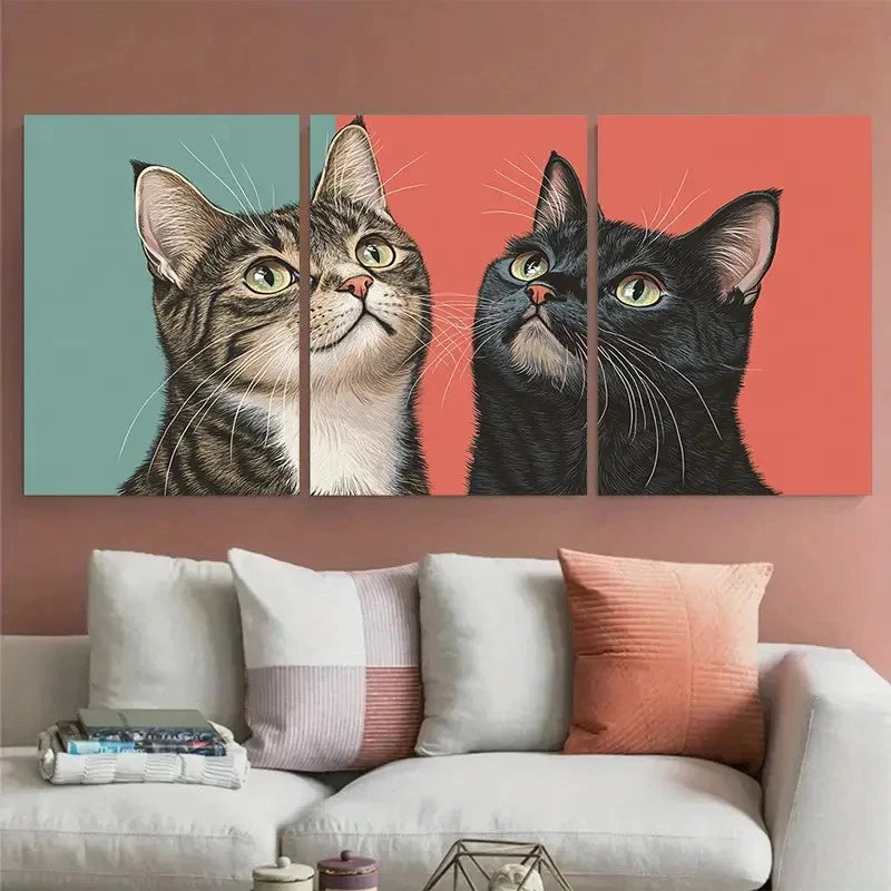 3pcs Couple Tabby Cats Portrait Retro Minimalist Wall Art Set Canvas Framed 40x60cm - High Quality Print 100% Australian Made Wall Canvas Ready to Hang - Bella Home Decor