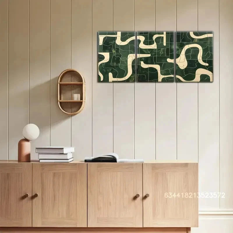 3pcs Created-Emerald Green and Beige Wall Art Metal Print Ready to Hang Art - Bella Home Decor