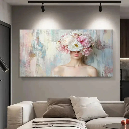 Floral Veil Woman Peony Modern Wall Art Canvas Office Home Room Framed 120x60cm