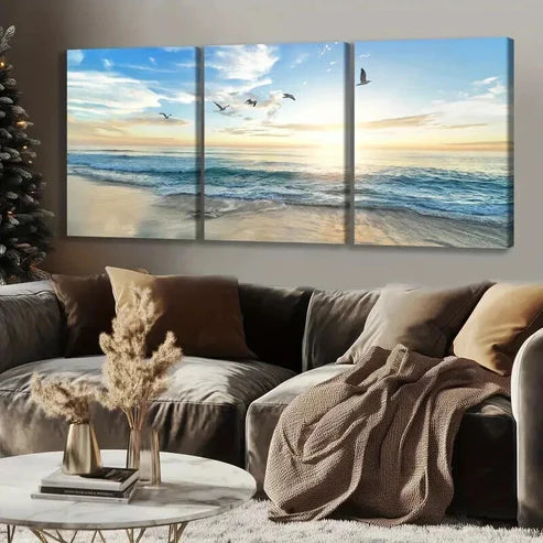3pcs Modern Beach Sunset with Birds & Waves Wall Art Set Canvas Unframed - High Quality Print 100% Australian Made Wall Canvas