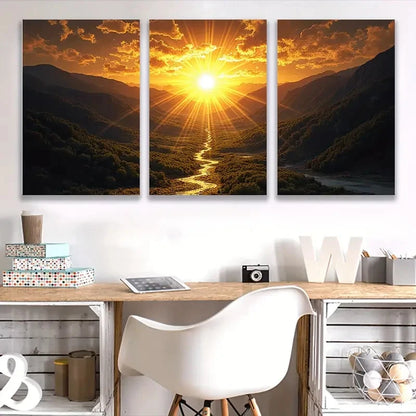 3pcs Sunset Mountain River Nature Scenes E  Wall Art Set Canvas Framed 40x60cm - High Quality Print 100% Australian Made Wall Canvas Ready to Hang