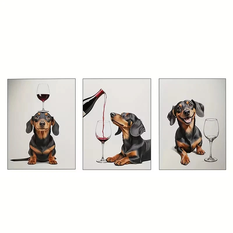 3pcs Sausage Dog Wine Series       Wall Art Set Canvas Framed 50x70cm - High Quality Print 100% Australian Made Wall Canvas Ready to Hang