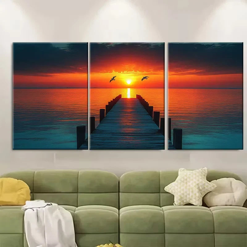 3pcs Tranquil Lakeside Pier Sunset Metal Print Ready to Hang Art