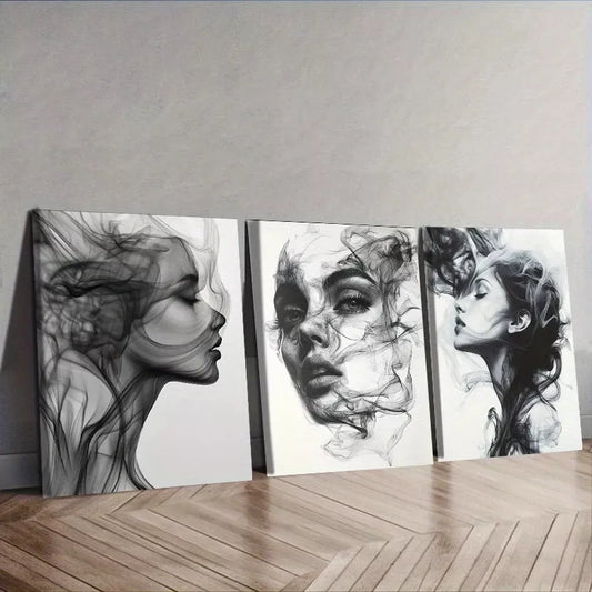 3pcs Stunning Woman Created From Smoke Wall Art Set Canvas Framed 50x70cm - High Quality Print 100% Australian Made Wall Canvas Ready to Hang