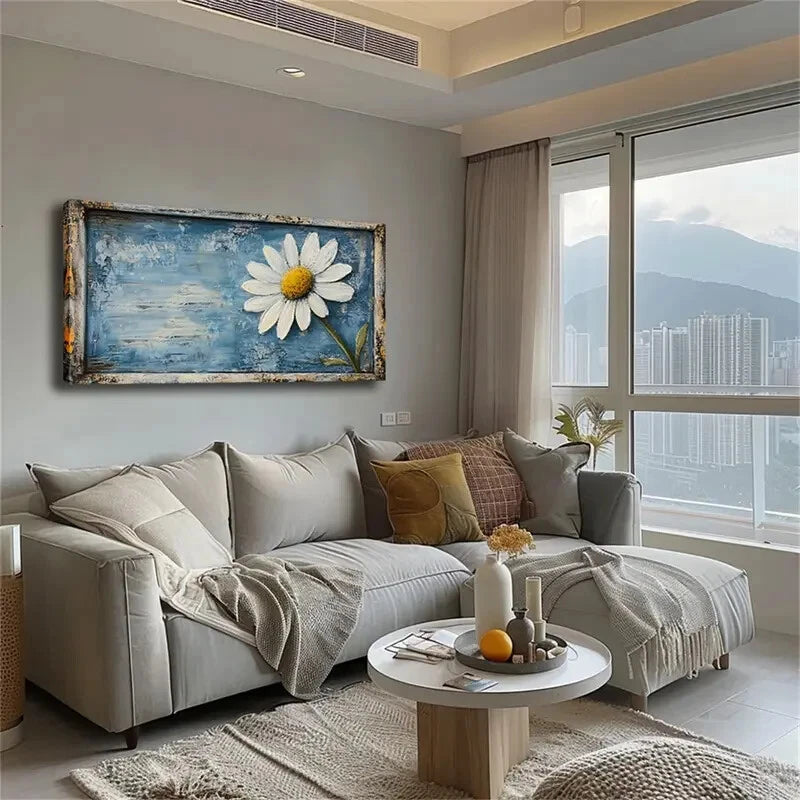 Daisy on Blue Background Wall Art Canvas Office Home Room Framed 120x60cm - Bella Home Decor