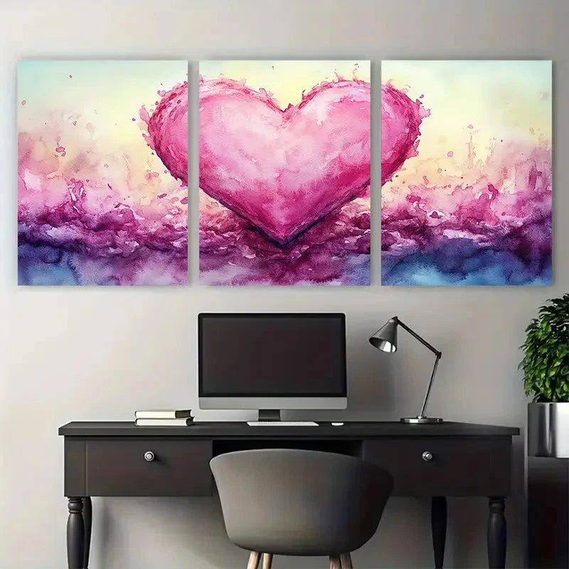 3pcs Romantic Pink Ribbon Heart Watercolor Wall Art Set Canvas Framed 40x60cm - High Quality Print 100% Australian Made Wall Canvas Ready to Hang