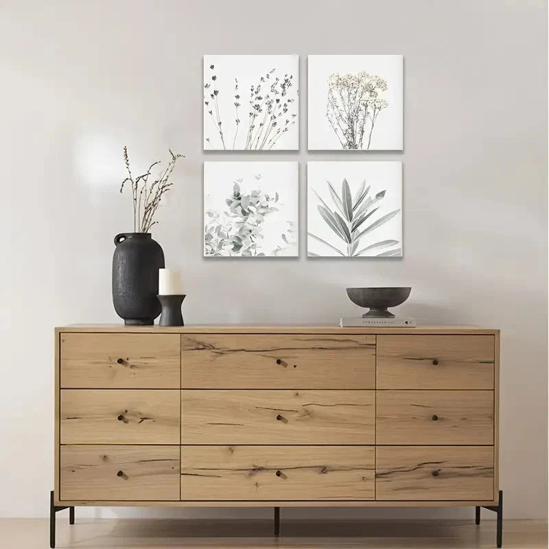 4pcs Green Plant Black And Gray Wall Set Wall Art Canvas Framed