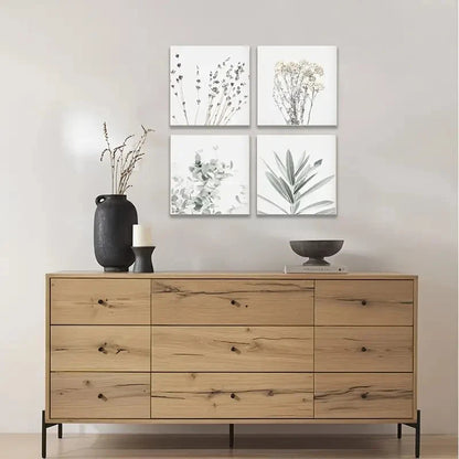 4pcs Green Plant Black And Gray Wall Set Wall Art Canvas Framed