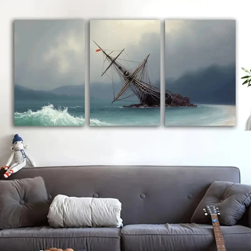 3pcs Nautical Ship at Sea Maritime Scene Wall Art Set Canvas Framed 50x70cm - High Quality Print 100% Australian Made Wall Canvas Ready to Hang