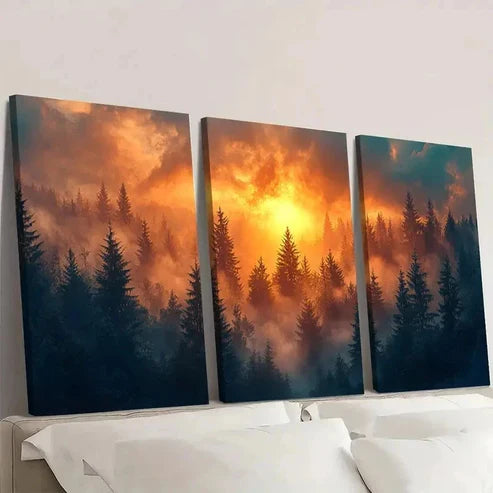 3pcs Sunrise Forest Misty Landscape D Wall Art Set Canvas Unframed - High Quality Print 100% Australian Made Wall Canvas