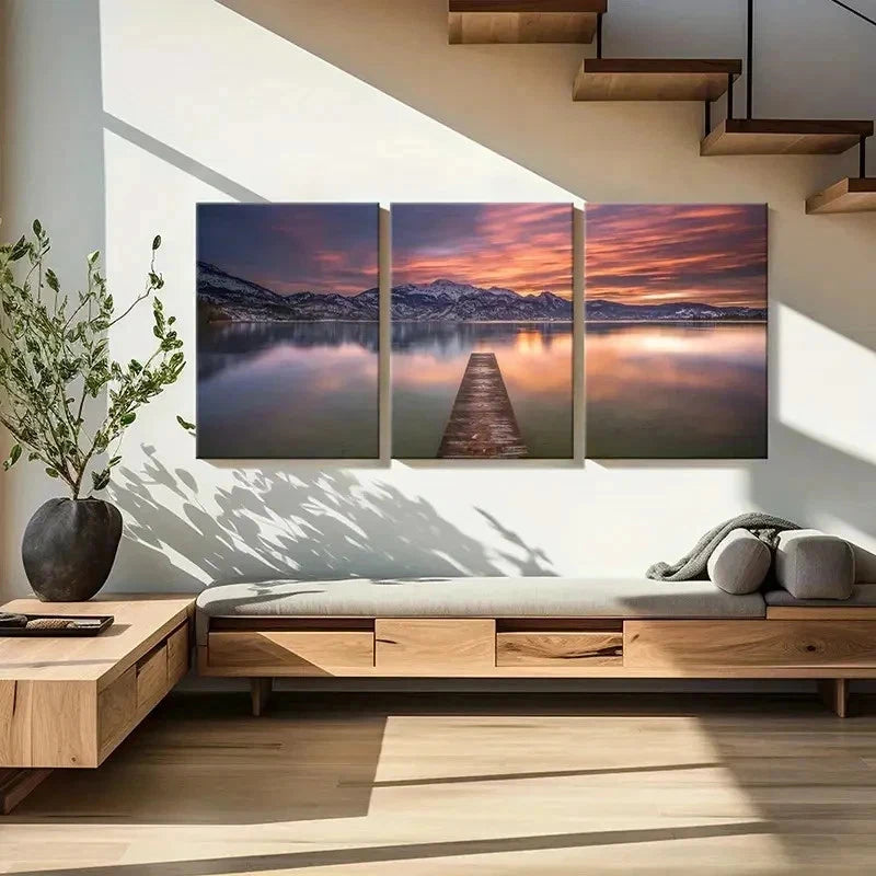 3pcs Landscape with Sunset Mountains & Lakes Wall Art Set Canvas Framed 40x60cm - High Quality Print 100% Australian Made Wall Canvas Ready to Hang - Bella Home Decor