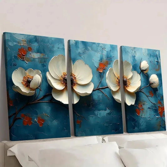 3pcs Original White Flower BN Wall Art Set Canvas Framed 40x60cm - High Quality Print 100% Australian Made Wall Canvas Ready to Hang