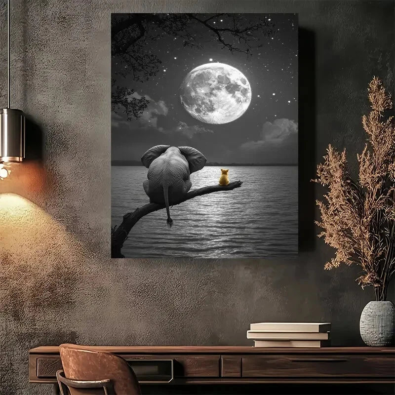 Beautiful Elephant Moonlight Serenity Painting 40x60cm Metal Print Ready to Hang - Bella Home Decor