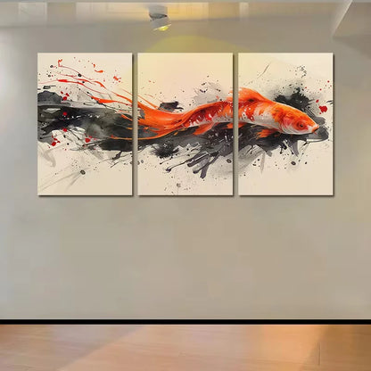 3pcs Koi Fish in Black & Orange Ink Splashes Wall Art Set Canvas Framed 60x90cm - High Quality Print 100% Australian Made Wall Canvas Ready to Hang