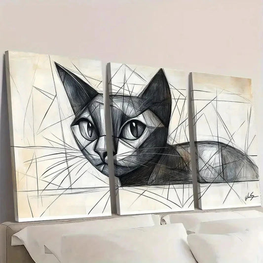 3pcs Picasso Cat Minimalist Line ET Wall Art Set Canvas Framed 40x60cm - High Quality Print 100% Australian Made Wall Canvas Ready to Hang