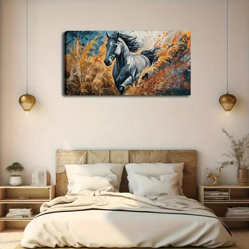 Gray Horse In Golden Grass Wall Art Canvas Office Home Room Framed 120x60cm