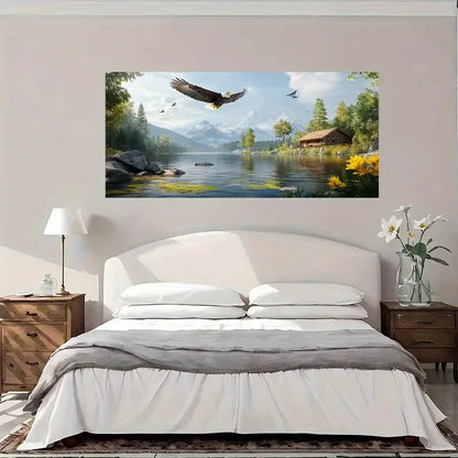 Eagle Soaring Mountain Lake Wall Art Canvas Office Home Room Framed 120x60cm