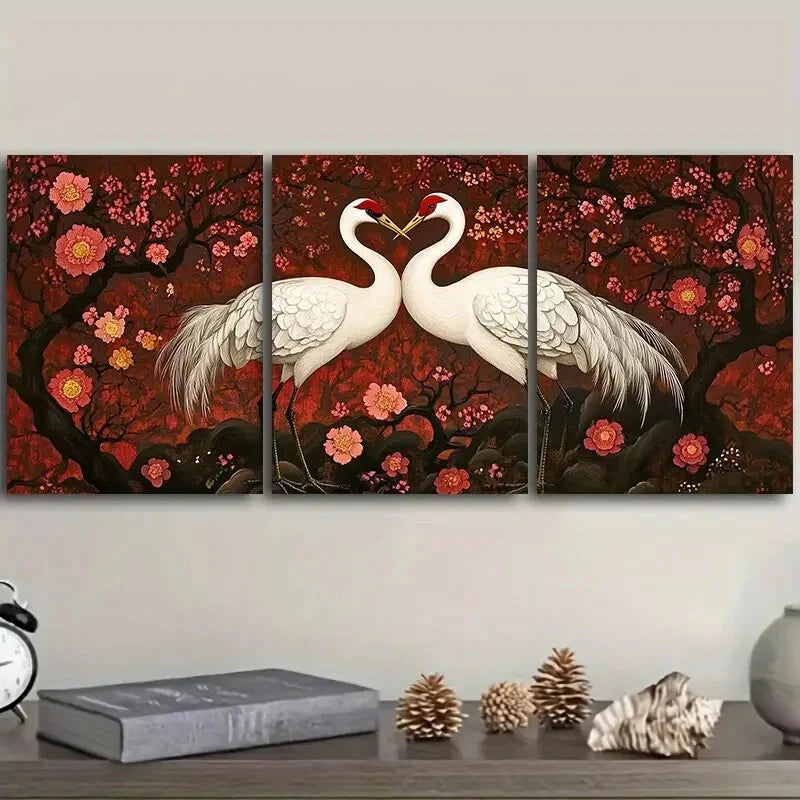 3pcs The white crane is in the peach forest Metal Print Ready to Hang Art