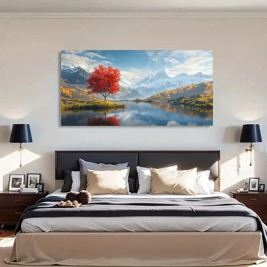 Red Tree Autumn Scenery Water Wall Art Canvas Office Home Room Framed 120x60cm