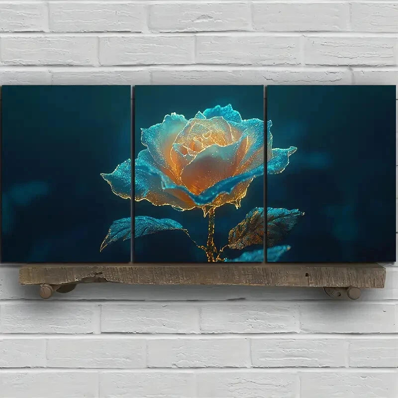 3pcs Abstract Golden Rose Flower Metal Print Ready to Hang Art - Bella Home Decor