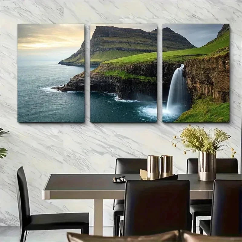 3pcs Faroe Islands Formulator Waterfall Perfect Wall Art Set Canvas Framed 50x70cm - High Quality Print 100% Australian Made Wall Canvas Ready to Hang